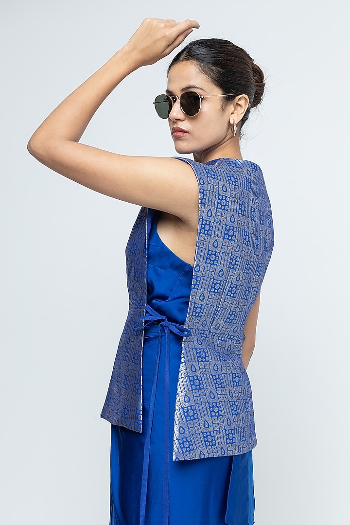Blue Silk & Satin Vacation Dress With Brocade Gilet by Sobariko at Pernia's Pop Up Shop