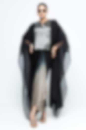 Black Silk & Satin Asymmetric Vacation Dress With Organza Cape by Sobariko at Pernia's Pop Up Shop