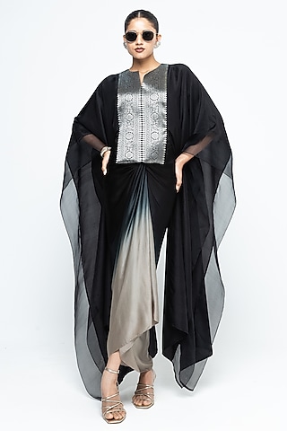 Black Silk & Satin Asymmetric Dress With Organza Cape by Sobariko