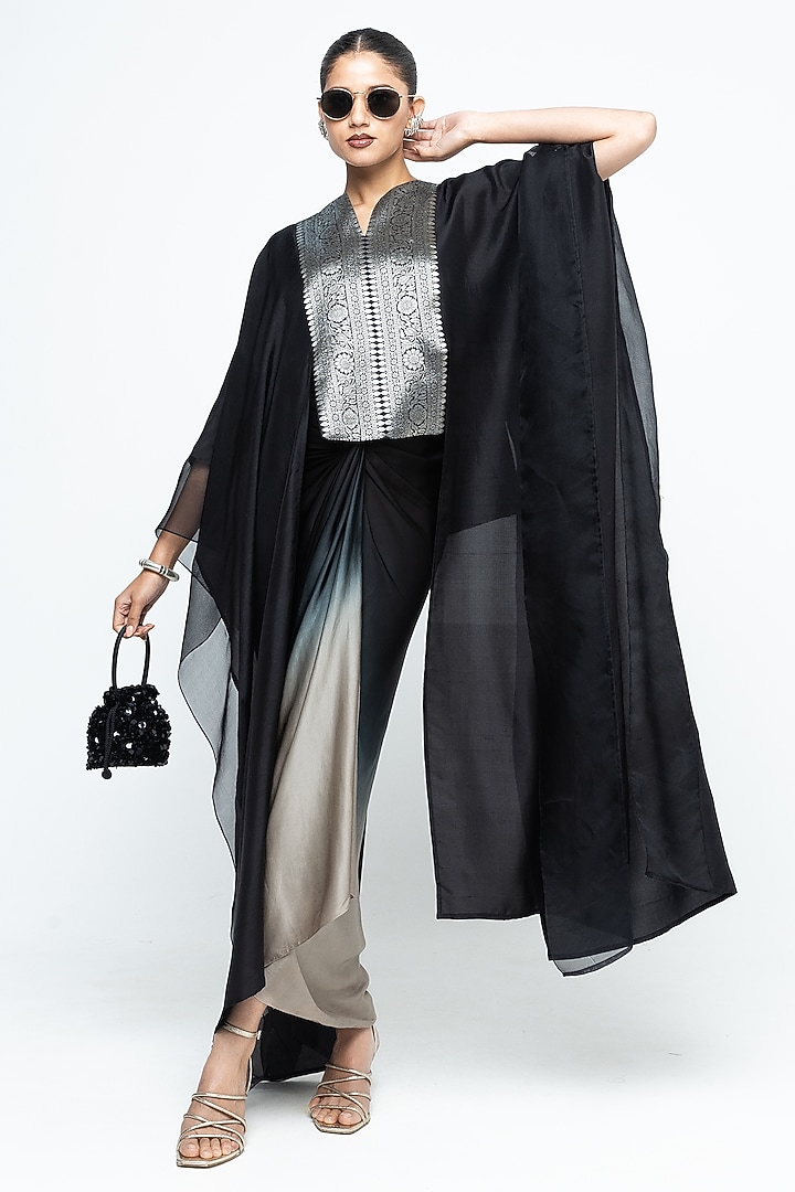 Black Silk & Satin Asymmetric Vacation Dress With Organza Cape by Sobariko at Pernia's Pop Up Shop