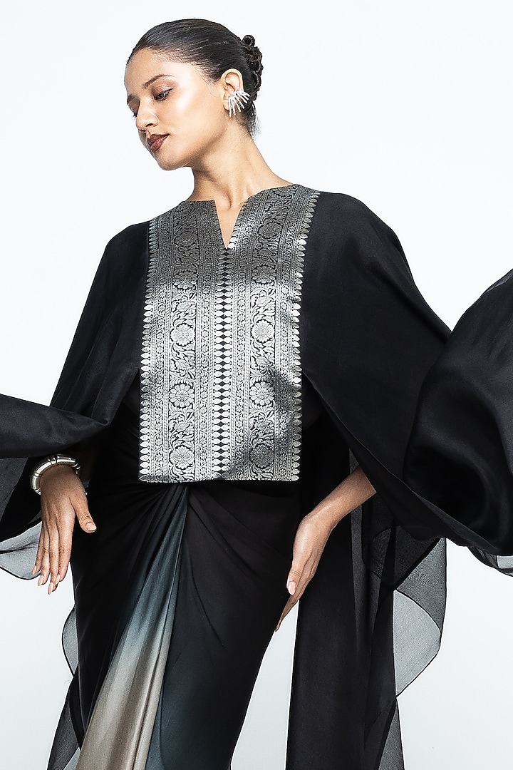 Black Silk & Satin Asymmetric Vacation Dress With Organza Cape by Sobariko at Pernia's Pop Up Shop
