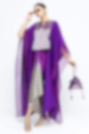 Purple Silk & Satin Asymmetric Vacation Dress With Organza Cape by Sobariko at Pernia's Pop Up Shop