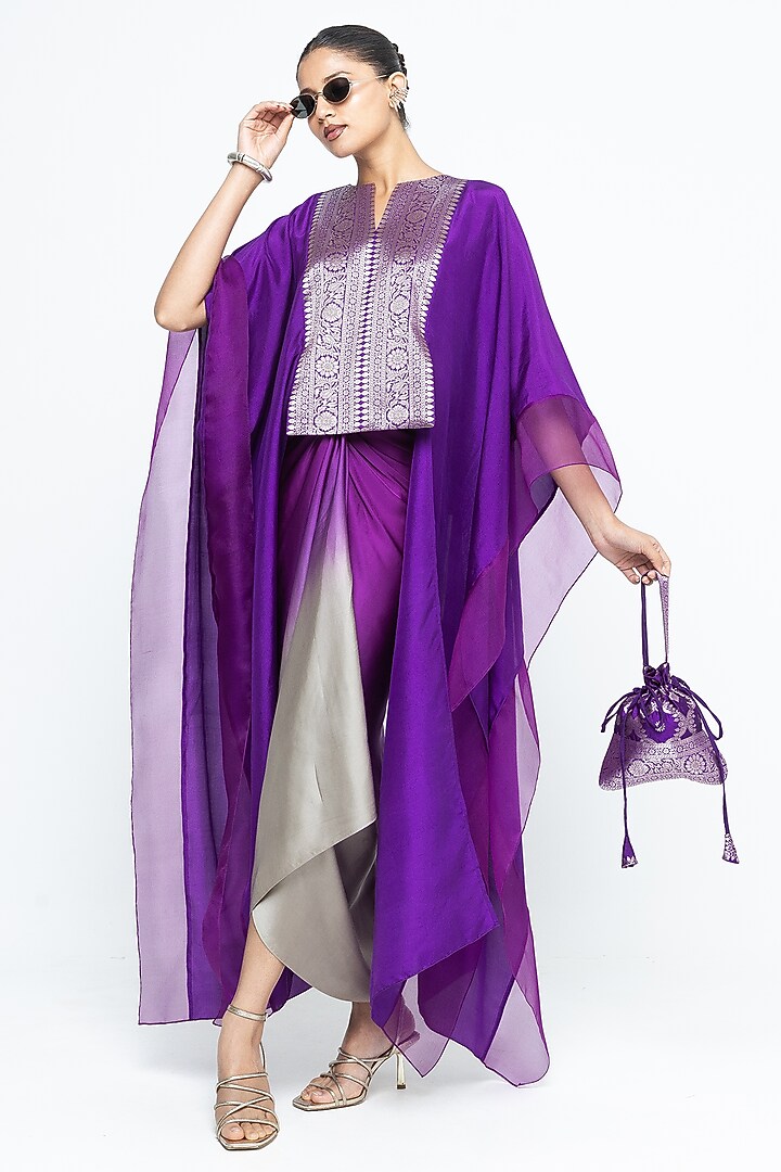 Purple Silk & Satin Asymmetric Vacation Dress With Organza Cape by Sobariko at Pernia's Pop Up Shop