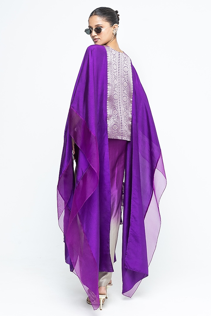 Purple Silk & Satin Asymmetric Vacation Dress With Organza Cape by Sobariko at Pernia's Pop Up Shop
