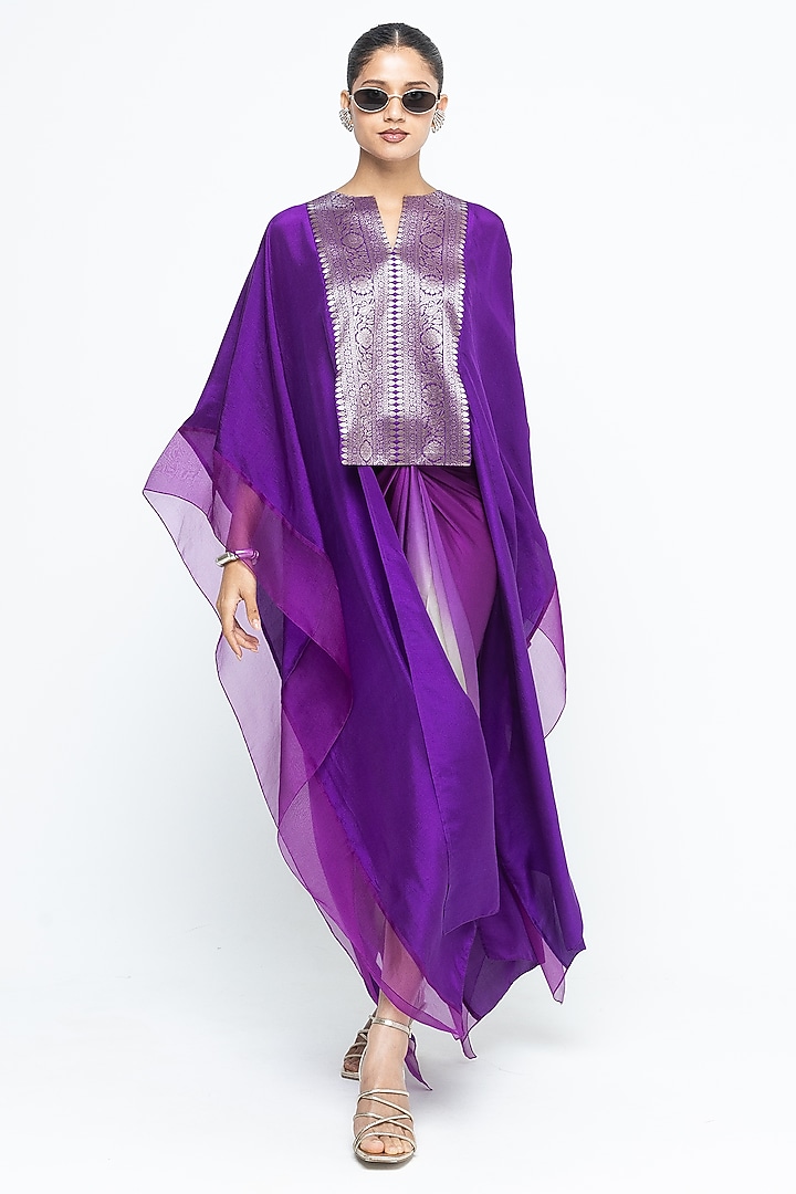 Purple Silk & Satin Asymmetric Vacation Dress With Organza Cape by Sobariko at Pernia's Pop Up Shop