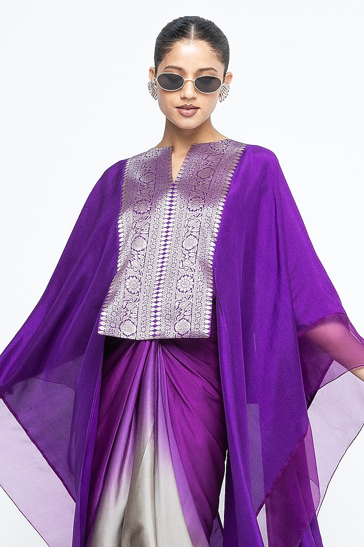Purple Silk & Satin Asymmetric Vacation Dress With Organza Cape by Sobariko at Pernia's Pop Up Shop