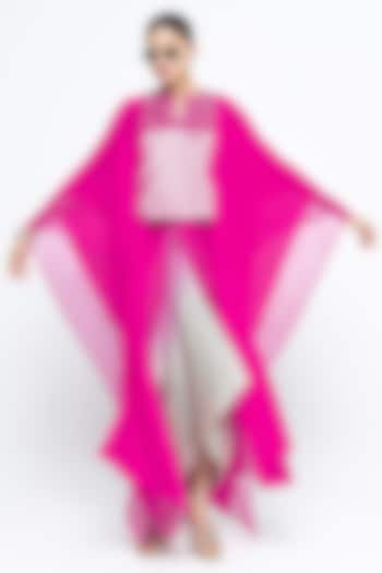 Pink Silk & Satin Asymmetric Vacation Dress With Organza Cape by Sobariko at Pernia's Pop Up Shop