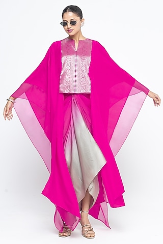 Pink Silk & Satin Asymmetric Dress With Organza Cape by Sobariko