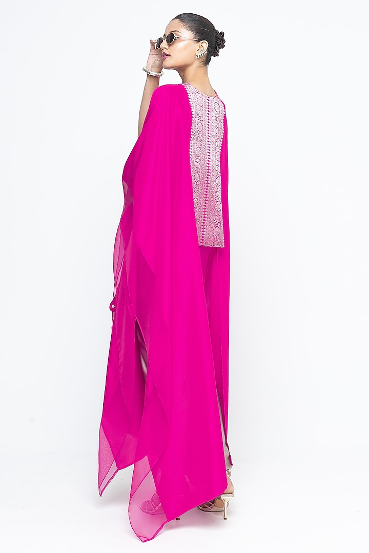 Pink Silk & Satin Asymmetric Vacation Dress With Organza Cape by Sobariko at Pernia's Pop Up Shop