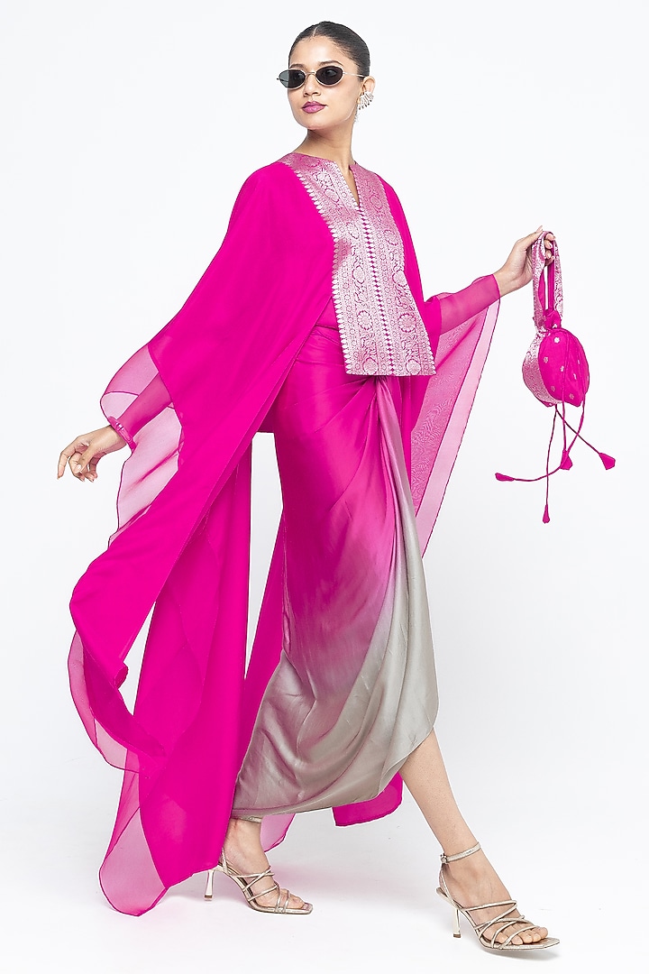 Pink Silk & Satin Asymmetric Vacation Dress With Organza Cape by Sobariko at Pernia's Pop Up Shop