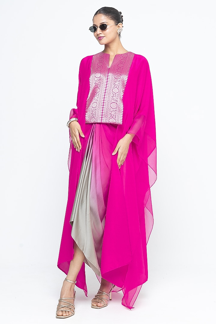 Pink Silk & Satin Asymmetric Vacation Dress With Organza Cape by Sobariko at Pernia's Pop Up Shop