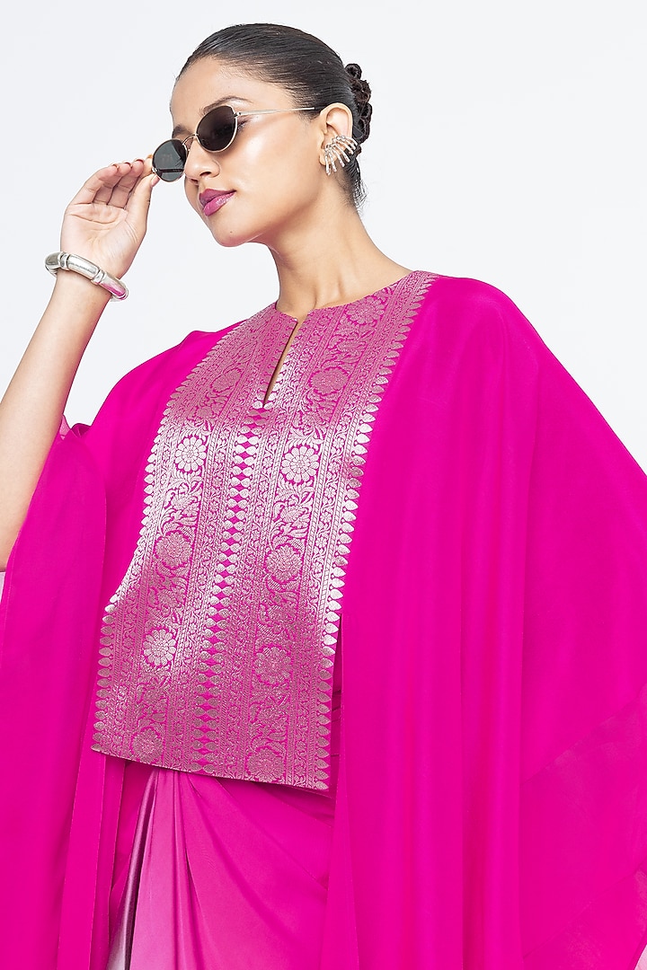 Pink Silk & Satin Asymmetric Vacation Dress With Organza Cape by Sobariko at Pernia's Pop Up Shop