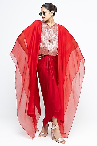 Red Silk & Satin Asymmetric Dress With Organza Cape by Sobariko