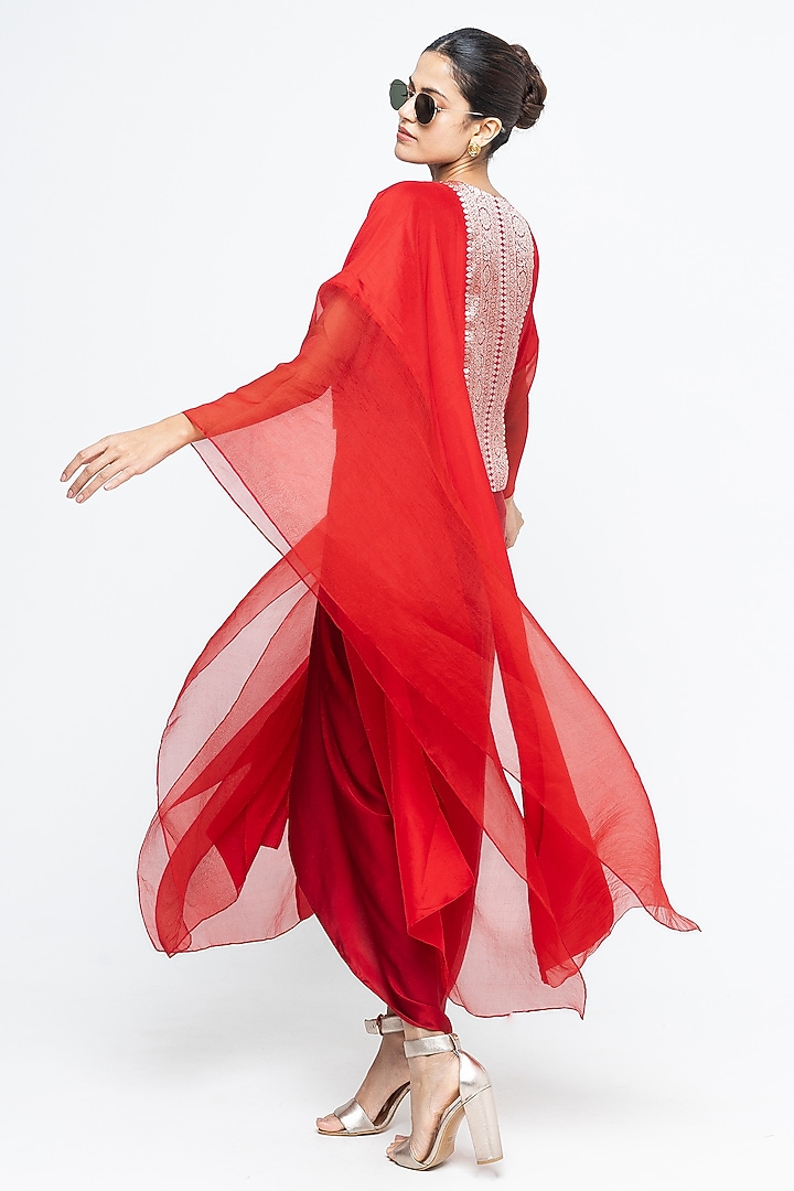 Red Silk & Satin Asymmetric Vacation Dress With Organza Cape by Sobariko at Pernia's Pop Up Shop