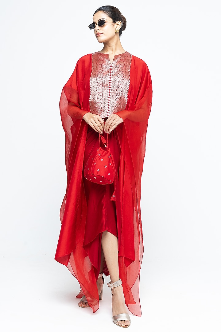 Red Silk & Satin Asymmetric Vacation Dress With Organza Cape by Sobariko at Pernia's Pop Up Shop