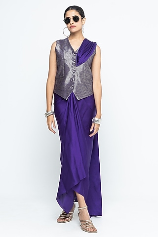 Purple Raw Silk Brocade Skirt Saree Set by Sobariko