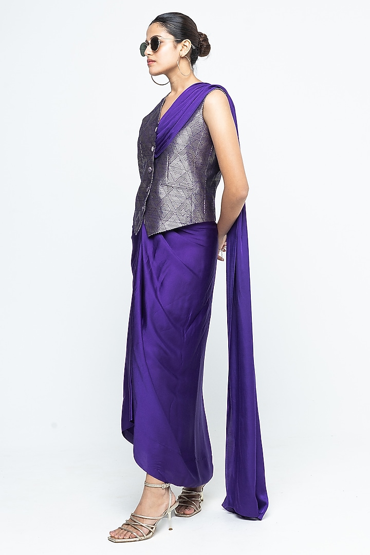 Purple Raw Silk Brocade Skirt Party Wear Saree Set by Sobariko at Pernia's Pop Up Shop