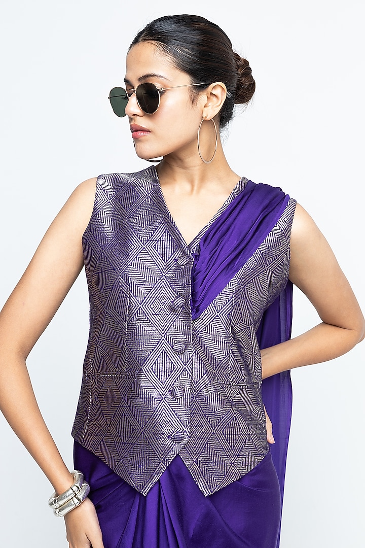 Purple Raw Silk Brocade Skirt Party Wear Saree Set by Sobariko at Pernia's Pop Up Shop