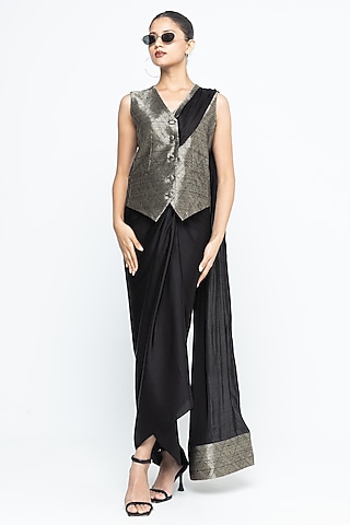 Black Raw Silk Brocade Skirt Saree Set by Sobariko