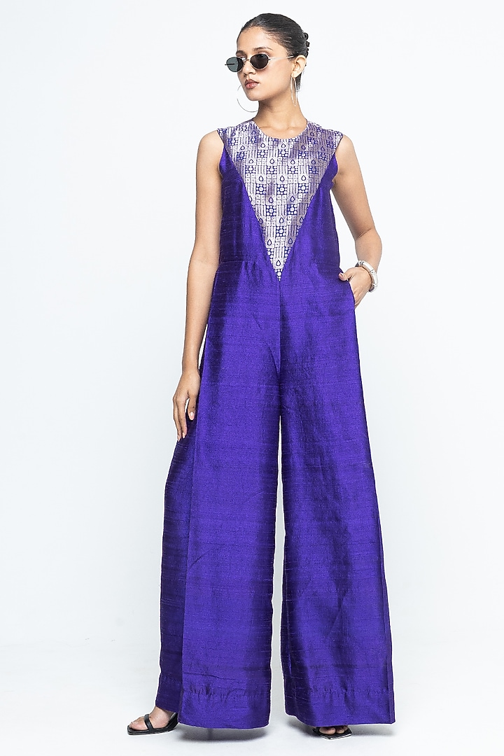 Purple Raw Silk Brocade Jumpsuit by Sobariko at Pernia's Pop Up Shop