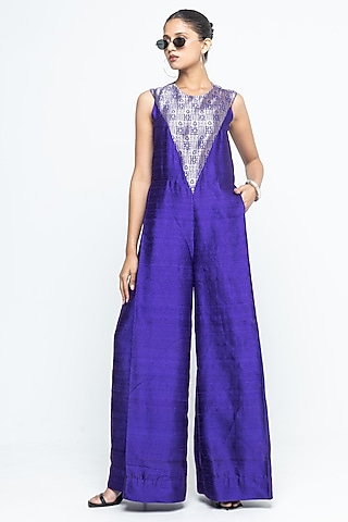 Purple Raw Silk Brocade Jumpsuit by Sobariko