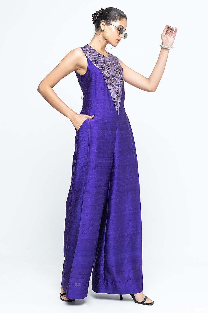 Purple Raw Silk Brocade Jumpsuit by Sobariko at Pernia's Pop Up Shop