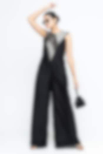 Black Raw Silk Brocade Jumpsuit by Sobariko at Pernia's Pop Up Shop