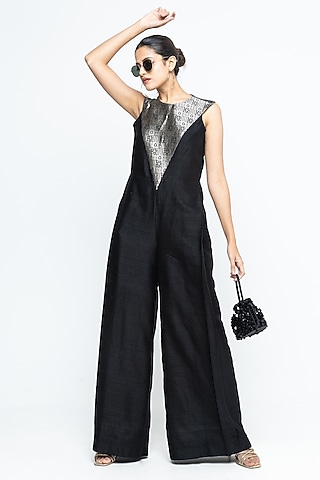 Black Raw Silk Brocade Jumpsuit by Sobariko