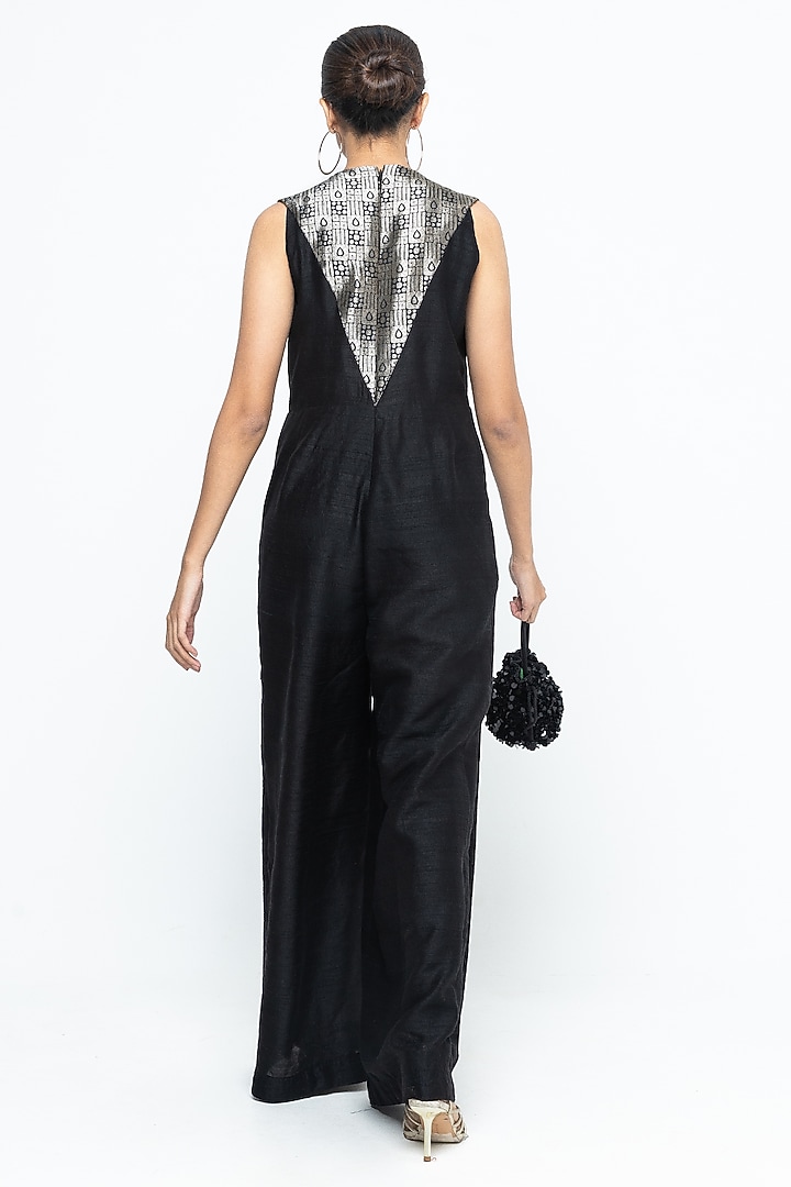 Black Raw Silk Brocade Jumpsuit by Sobariko at Pernia's Pop Up Shop