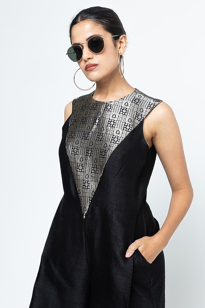 Black Raw Silk Brocade Jumpsuit by Sobariko at Pernia's Pop Up Shop