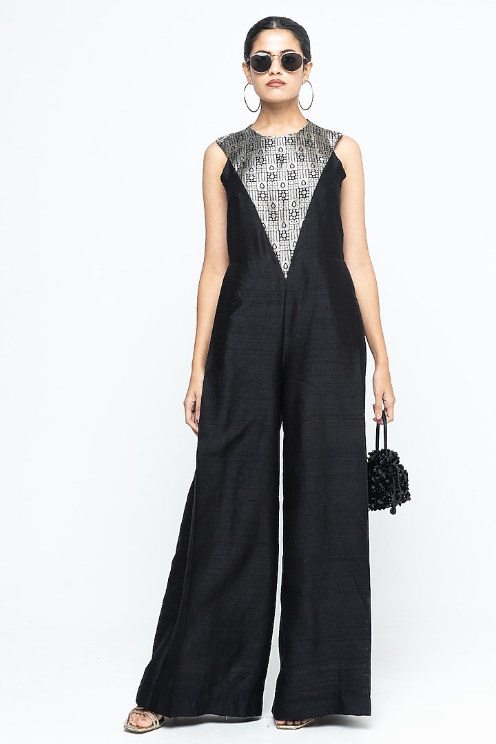 Black Raw Silk Brocade Jumpsuit by Sobariko at Pernia's Pop Up Shop
