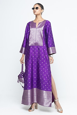 Purple Silk Brocade Slit Kaftan by Sobariko