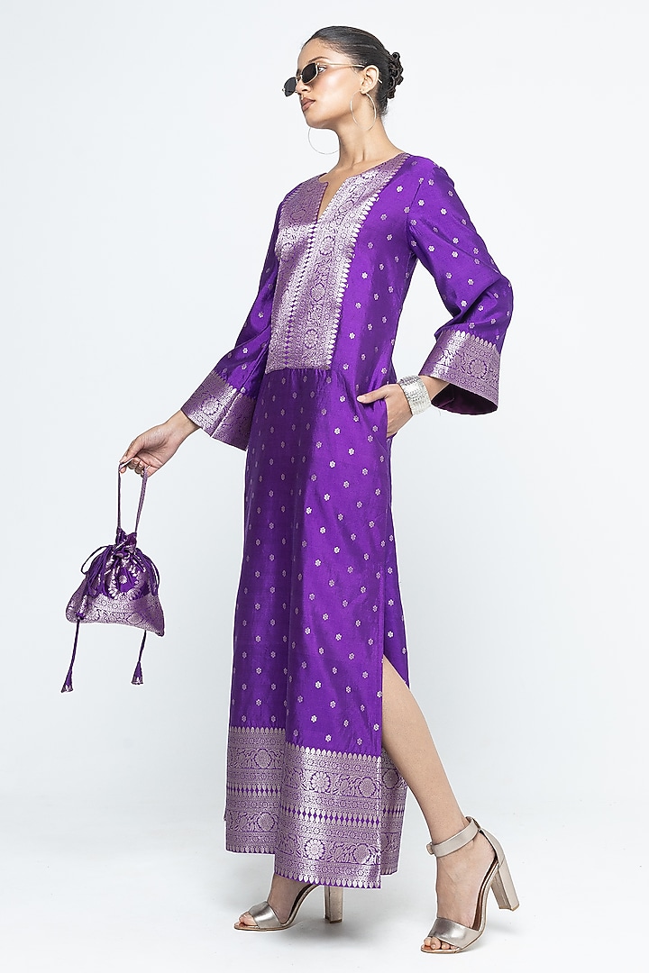 Purple Silk Brocade Slit Kaftan by Sobariko at Pernia's Pop Up Shop