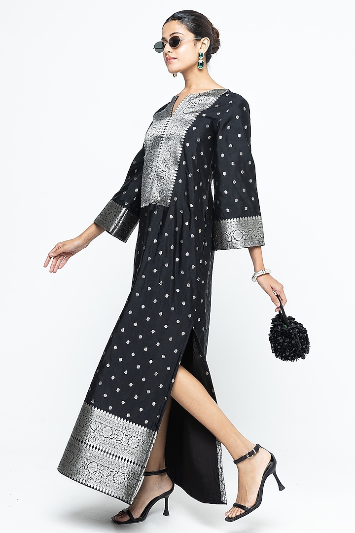 Black Silk Brocade Slit Kaftan by Sobariko at Pernia's Pop Up Shop
