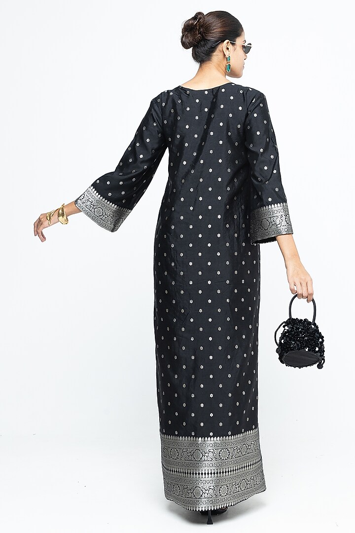 Black Silk Brocade Slit Kaftan by Sobariko at Pernia's Pop Up Shop