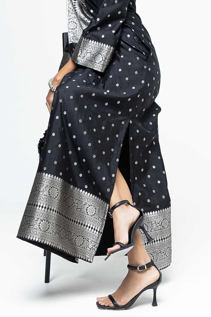 Black Silk Brocade Slit Kaftan by Sobariko at Pernia's Pop Up Shop
