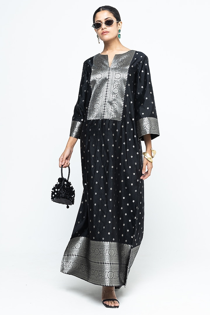 Black Silk Brocade Slit Kaftan by Sobariko at Pernia's Pop Up Shop