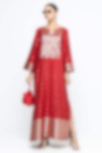 Red Silk Brocade Slit Kaftan by Sobariko at Pernia's Pop Up Shop