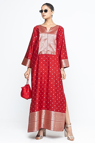 Red Silk Brocade Slit Kaftan by Sobariko