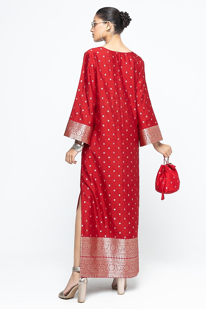 Red Silk Brocade Slit Kaftan by Sobariko at Pernia's Pop Up Shop