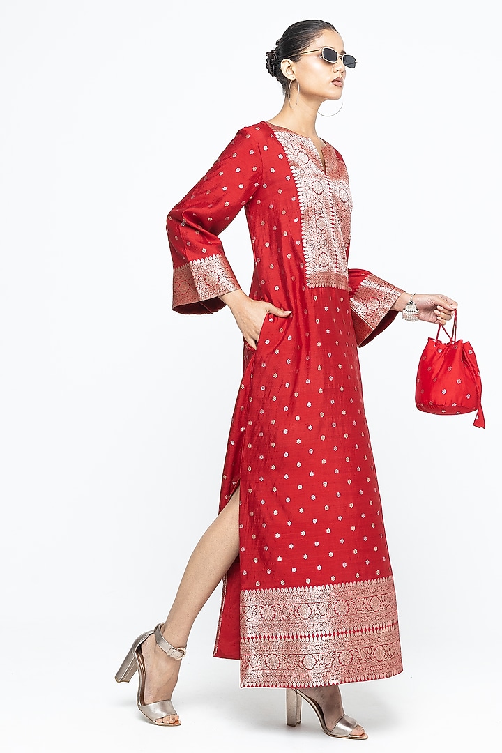 Red Silk Brocade Slit Kaftan by Sobariko at Pernia's Pop Up Shop
