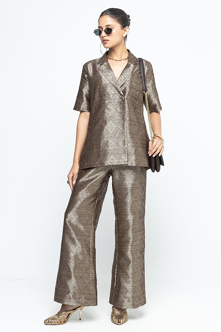 Golden Brown Raw Silk Wrap Blazer Set by Sobariko at Pernia's Pop Up Shop