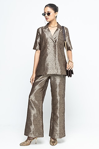 Golden Brown Raw Silk Wrap Blazer Set by Sobariko