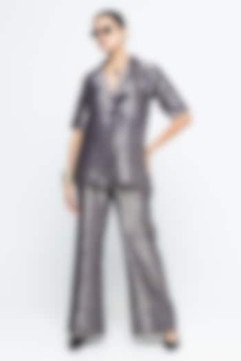 Purple & Gold Brown Raw Silk Wrap Blazer Set by Sobariko at Pernia's Pop Up Shop