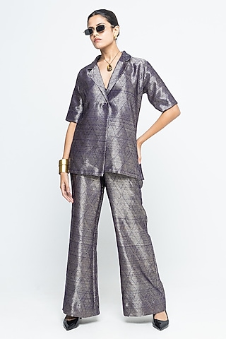 Purple & Gold Brown Raw Silk Wrap Blazer Set by Sobariko