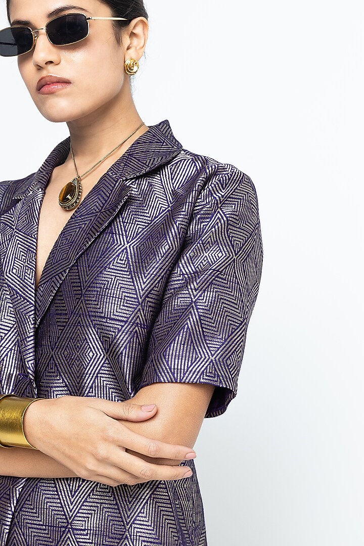 Purple & Gold Brown Raw Silk Wrap Blazer Set by Sobariko at Pernia's Pop Up Shop