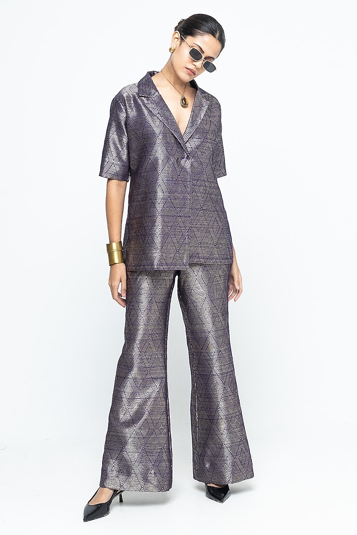 Purple & Gold Brown Raw Silk Wrap Blazer Set by Sobariko at Pernia's Pop Up Shop