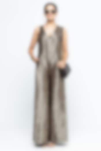 Golden Brown Raw Silk V-Neck Jumpsuit by Sobariko at Pernia's Pop Up Shop