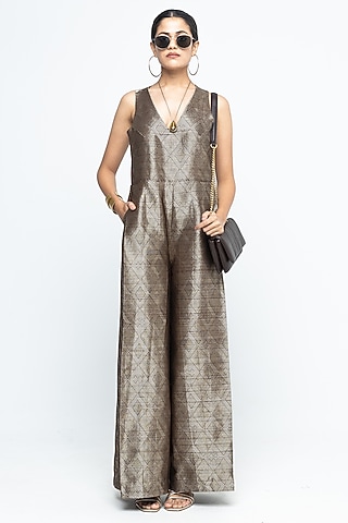 Golden Brown Raw Silk V-Neck Jumpsuit by Sobariko