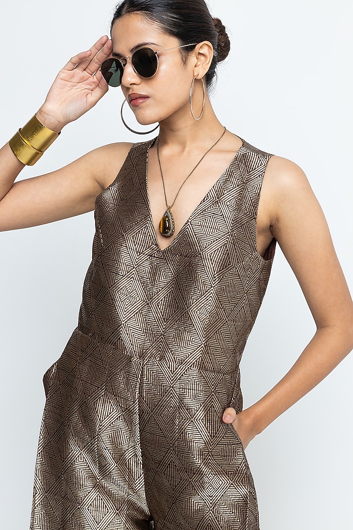Golden Brown Raw Silk V-Neck Jumpsuit by Sobariko at Pernia's Pop Up Shop